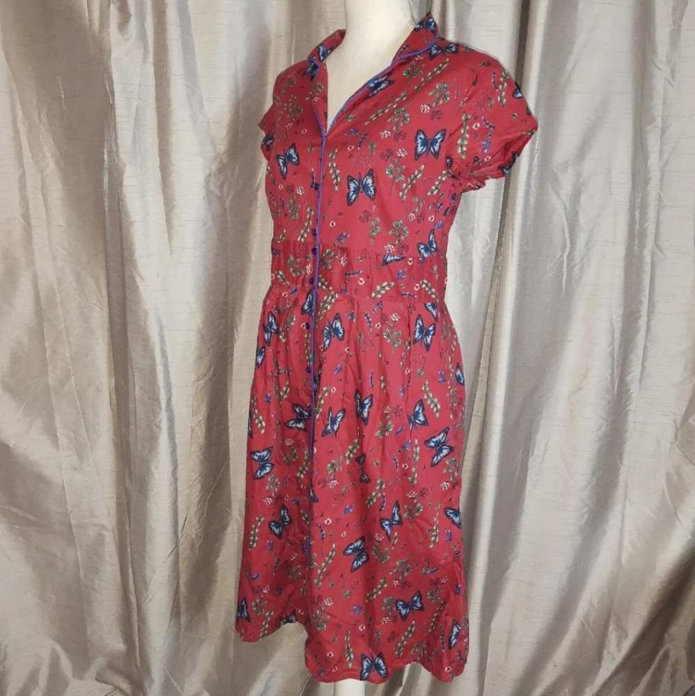 Raspberry Red Butterfly Button Front Midi Dress Joe Browns UK 14 Short Sleeve. - Picture 4 of 11